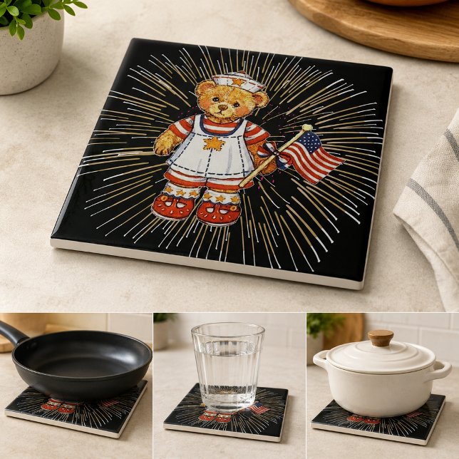 Urso Enfermeiro Vintage com Fogos de Artifício Bra (Vintage Nurse Bear with Modern White Fireworks Tile)