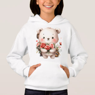 Urso Kawaii Branco com Capuz de Rosas Cor-de-Rosa