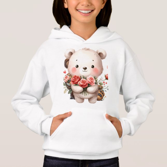 Urso Kawaii Branco com Capuz de Rosas Cor-de-Rosa  (Frente)