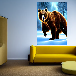 Urso marrom na neve AI Art Poster