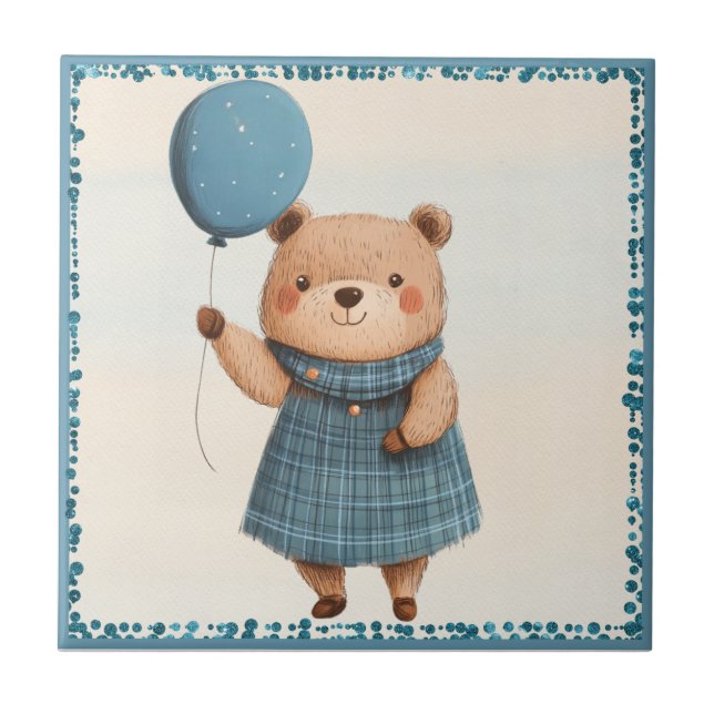 Urso Menino com Vestido de Xadrez Azul e Balão (Frente)