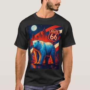 Urso Neon na Rota 66 – Camiseta Gráfica de Viagem