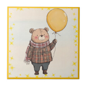 Urso no Suéter de Xadrez Marrom com Balão Amarelo