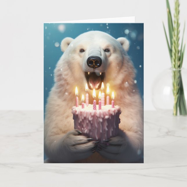 Urso Polar com Cartão de Bolo de Aniversário (Frente)