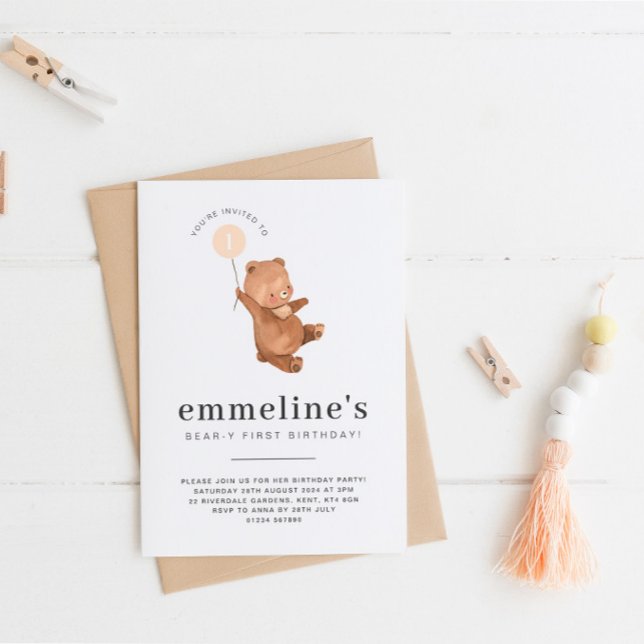 Urso Primeiro Aniversário Convite Laranja Balão (Criador carregado)