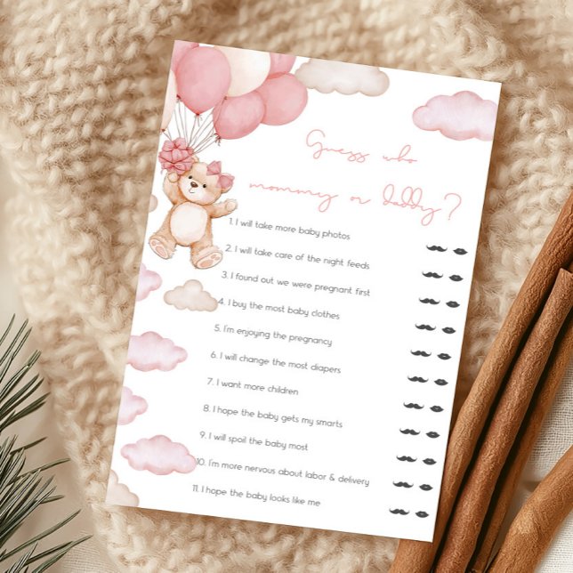 Urso Rosa Mal Pode Adivinhar Quem é Mamãe ou Papai (Girl Bear Balloon Baby Shower Guess Who Mommy or Daddy Game)