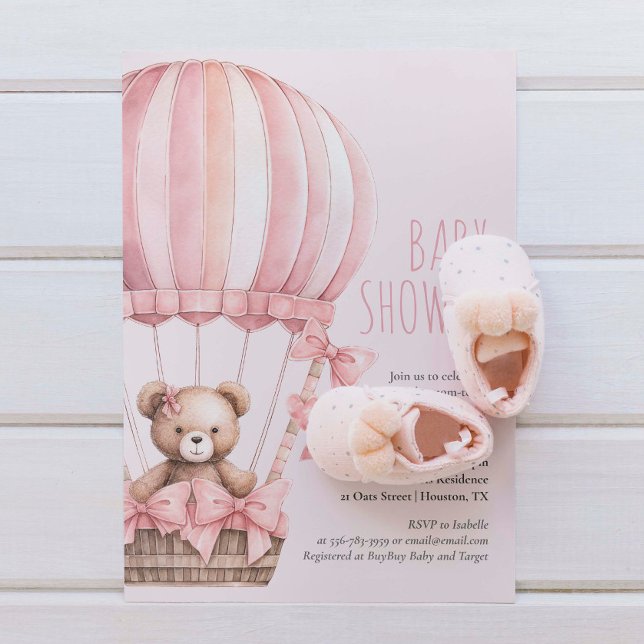 Urso Rosa no Convite para Chás de fraldas de Balõe (Pink Bear in Balloon Baby Shower Girl Invitation)