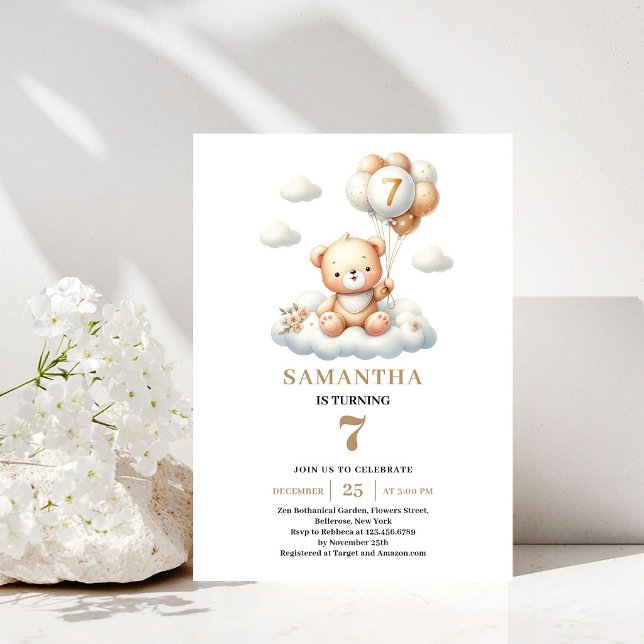 Urso Teddy Fofo Convite de Balão Dourado de 7º Ani (Cute Teddy Bear 7th Birthday Gold Balloon Invite)