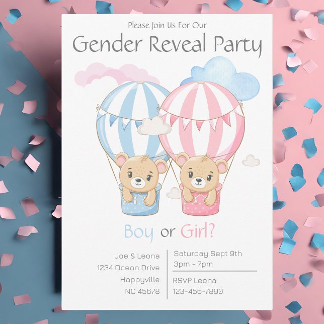 Ursos e Balões Convite de festas de Revolução de G (Bears and Balloons Gender Reveal Party Invitation. Pink and Blue.)