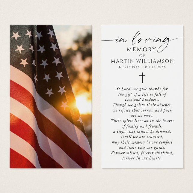 USA Flag Sympathy Funeral Memorial Prayer Card (Frente & Verso)
