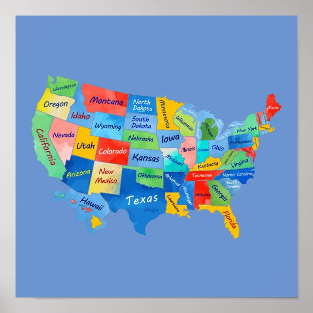 USA MAP watercolor artwork Poster (Frente)