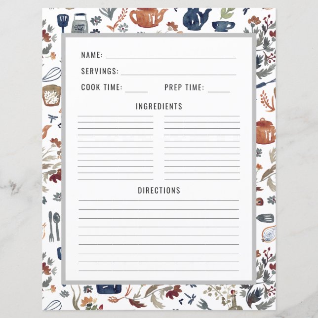 Utensílios De Cozinha De Aquarelas | Página Binder (Frente)