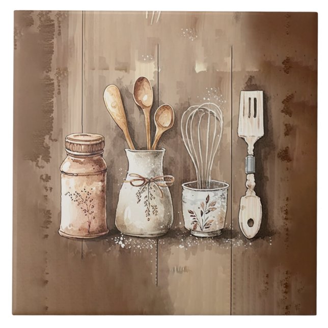 Utensílios Russos Aquarelas Faux Madeira Azulejo c (Frente)