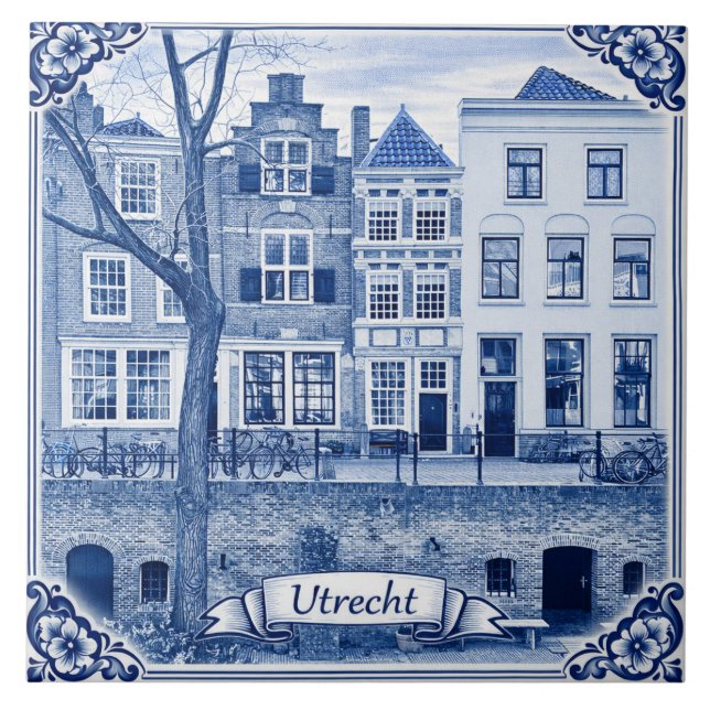 Utrecht canal houses Delft Blue style ceramic tile (Frente)