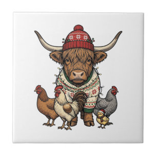 Vaca Alta Escocesa de Natal e Galinhas Engravura V