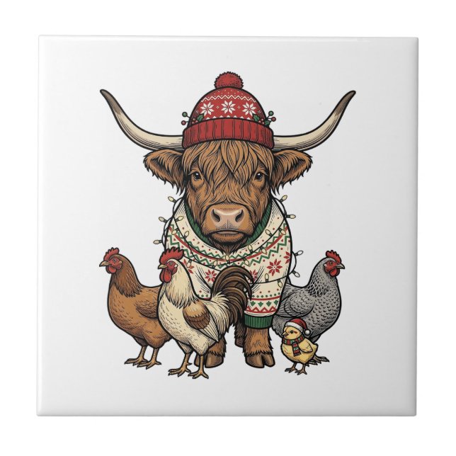 Vaca Alta Escocesa de Natal e Galinhas Engravura V (Frente)