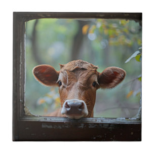 Vaca curiosa olhando através de uma janela