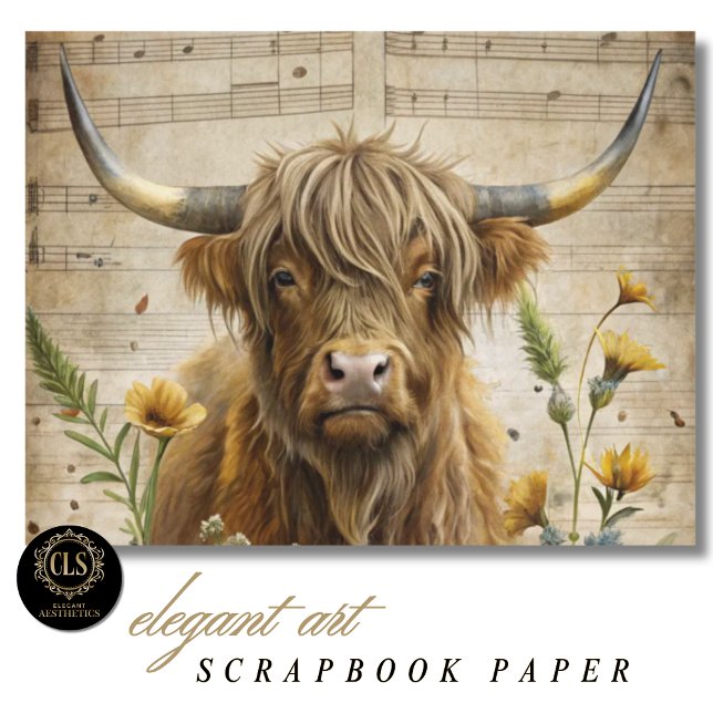 Vaca das Terras Altas e Notas Musicais (Scrapbook Paper – Highland Cow Music Notes)