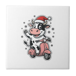 Vaca de Natal Andando de Scooter Rosa Vetor Vintag