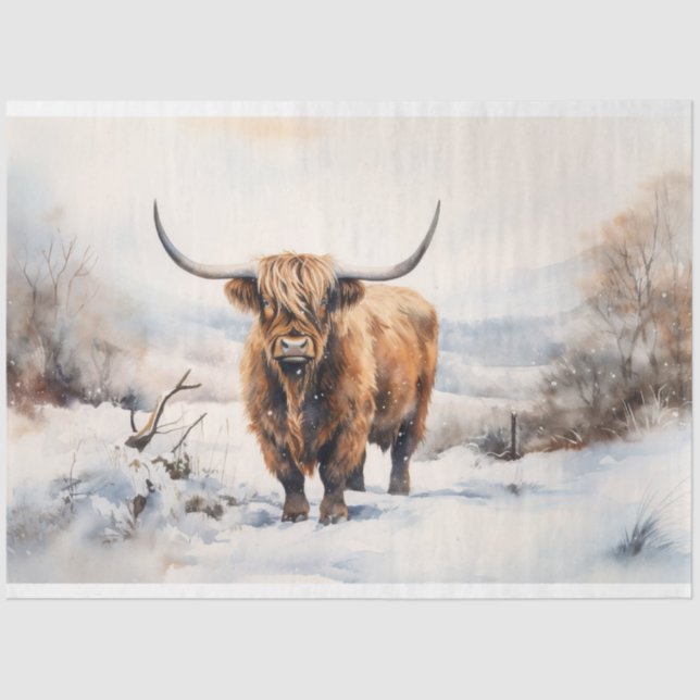 Vaca Highland em Papel de Decoupage na Neve 1 (Frente )