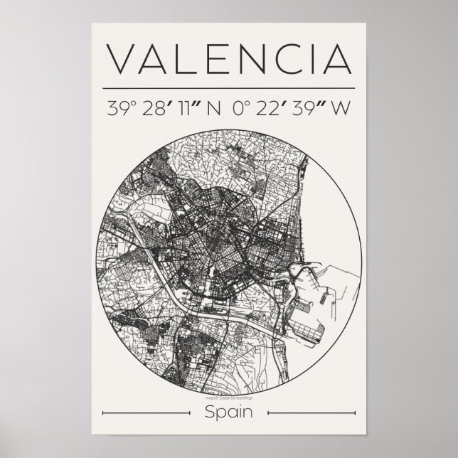 Valencia City Map Poster Minimal Charcoal Wall Art (Frente)