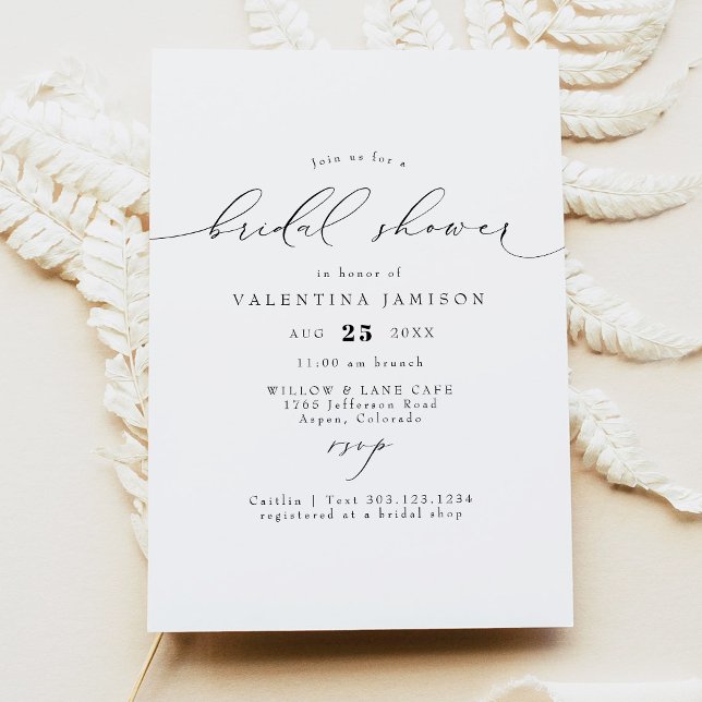 VALENTINA Elegante Convite de Chá de Noiva Minimal (Elegant Calligraphy Script Bridal Shower Invitation)