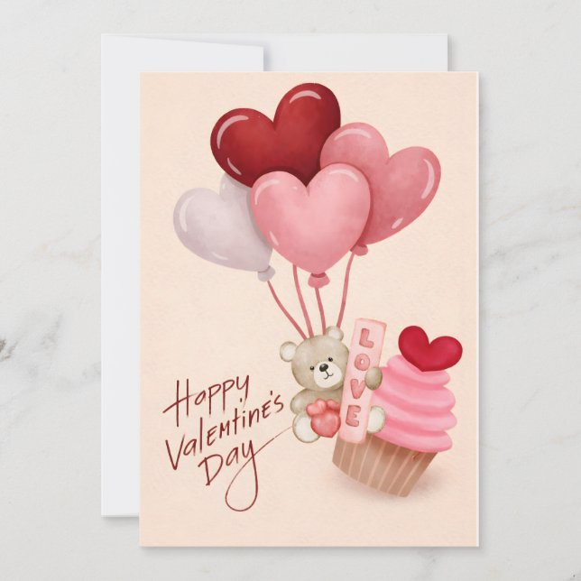 Valentine’s Day Card with Heart Balloons & Cupcake (Frente)