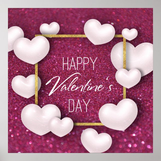 Valentine's Day White Hearts Glitter Poster Print (Frente)