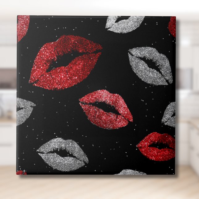 Valentines Red Silver Glitter Lips on Black  (Criador carregado)