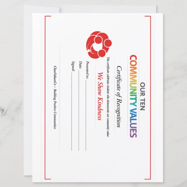 Value Inclusion Certificate 8.5x11 Paper Sheet  (Frente)