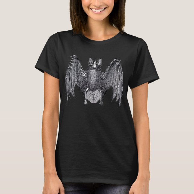 Vamire Bat Vintage Impressão Damas Camisa Negra (Frente)