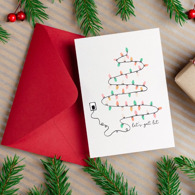 Vamos deixar um cartão de Natal engraçado para os  (Lets Get Lit Funny Christmas Card for Coworkers Blank Christmas Tree Lights Card)