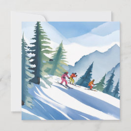 Vamos Esquiar | Cartão de Aquarela de Inverno