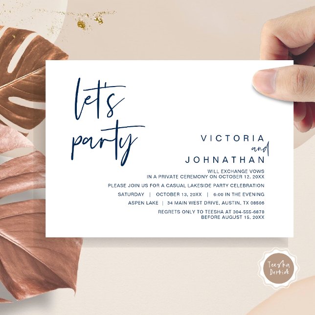 Vamos Festejar, Convite de Fuga para Casamento (Let's Party, Wedding Elopement Dinner Invitation Card, Modern Minimalist Script, in Navy Blue)