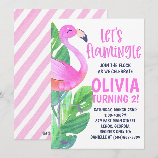 Vamos Flamingle! Convite de Aniversário (Frente/Verso)