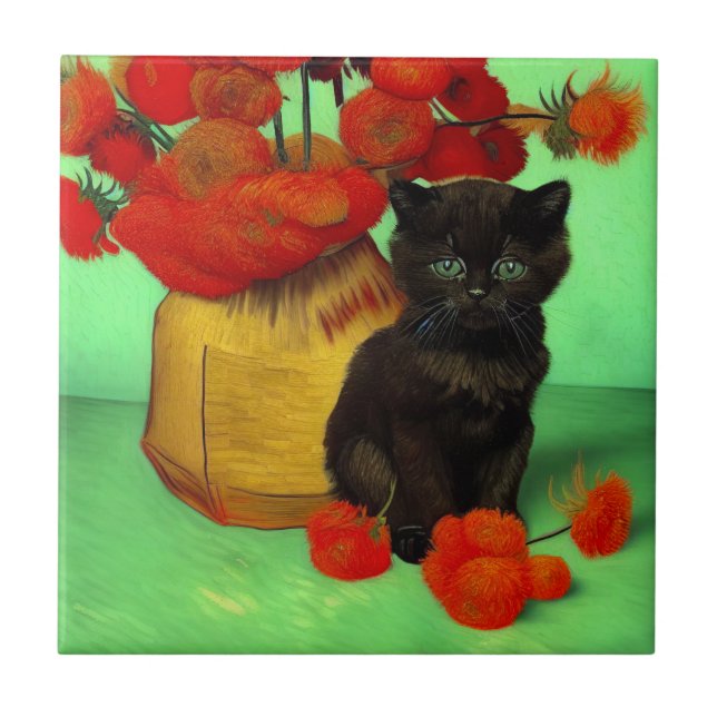 Van Gogh Black Kitten Red Flowers (Frente)