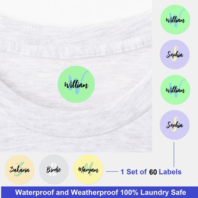 Várias Etiquetas Monogramadas Impermeáveis | Roupa (Custom Waterproof Monogram Tags for circle labels )