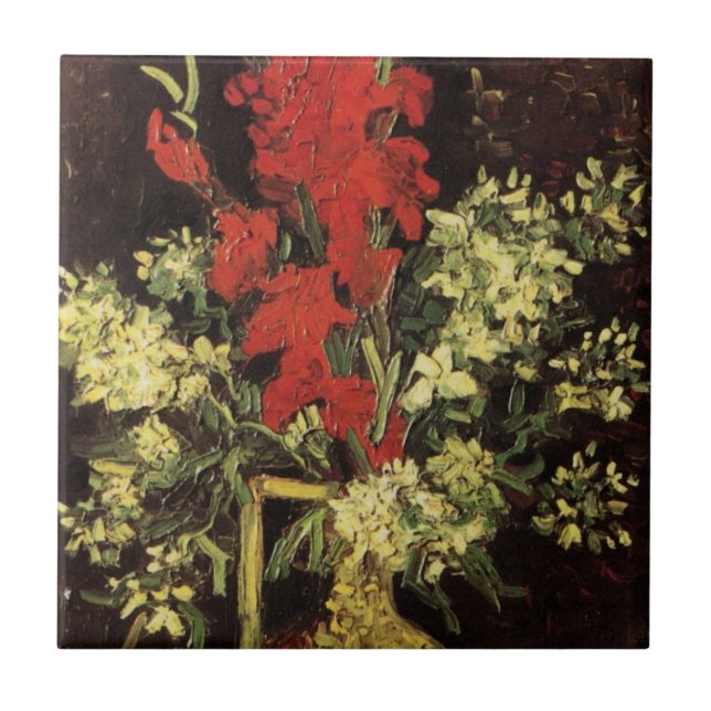 Vase com Gladioli, Cravos por Vincent van Gogh (Frente)