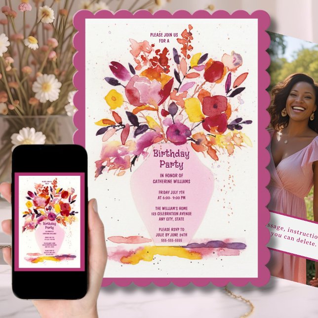 Vase das Flores de Aquarela do convite de aniversá (Criador carregado)