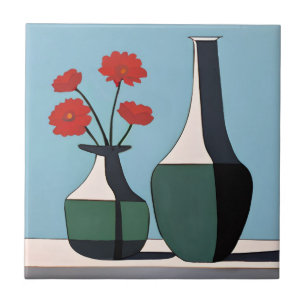 Vases Pretas e Brancas com Flores Vermelhas