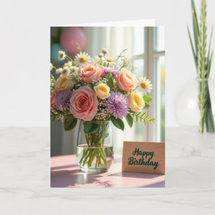 Vaso de Rosa de Aniversário Doce Cartão