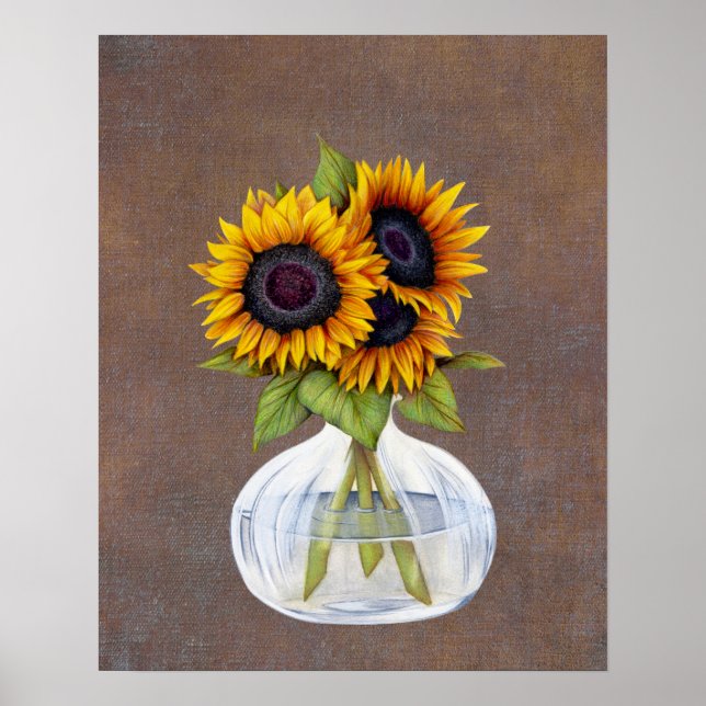 Vaso de Sunflower na Rustic Brown Poster (Frente)