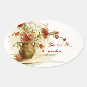 Vaso do vintage com etiqueta da aguarela das rosas