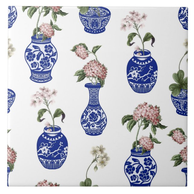 Vasos e flores azuis de Chinoiserie (Frente)