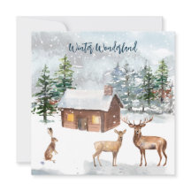 Veado, cabana de tronco, lebre o cartão plano da f