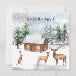 Veado, cabana de tronco, lebre o cartão plano da f