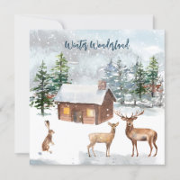 Veado, cabana de tronco, lebre o cartão plano da f