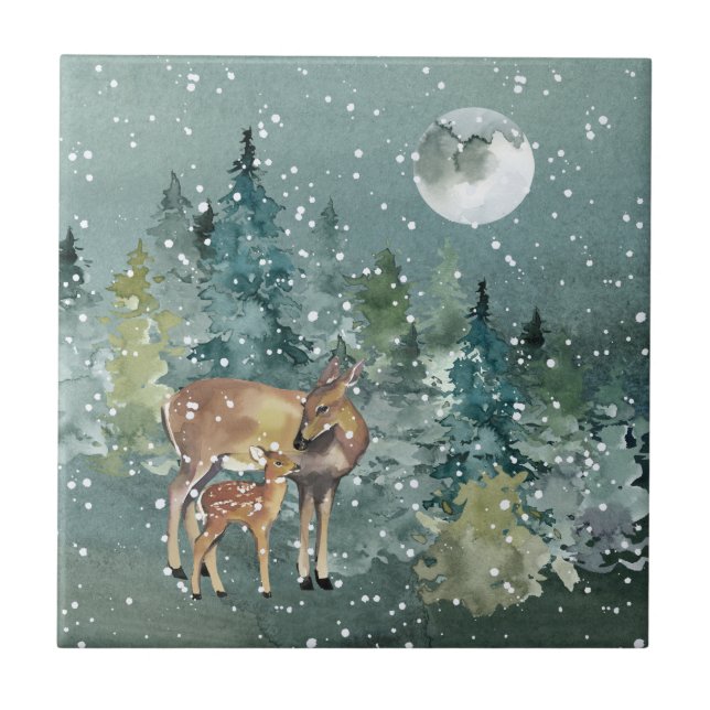 Veado Corça Floresta Lua Cheia Neve Aquarela (Frente)