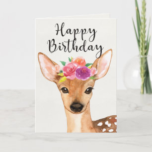 Veado e Flores de Aquarela - Cartão de Aniversário