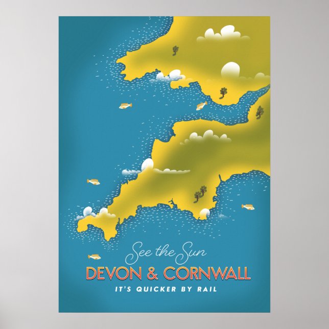 Veja o Sol - Devon & Cornwall pôster de viagem. (Frente)